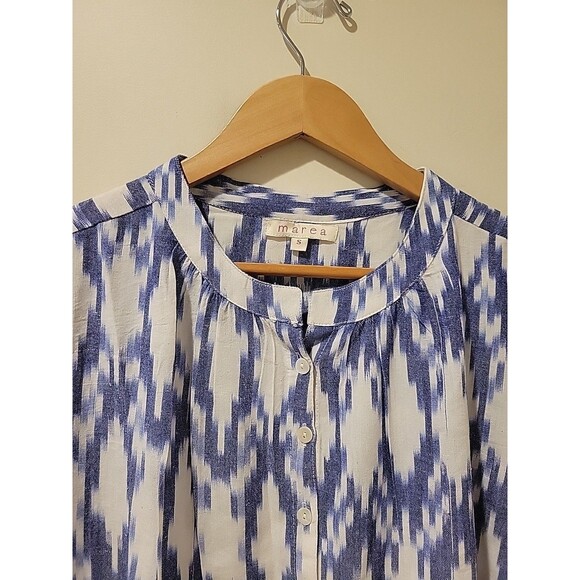 Marea by Liz Joy Jackie Top Ikat Blue Long Sleeve Flowy Button Front Blouse S - Picture 5 of 11